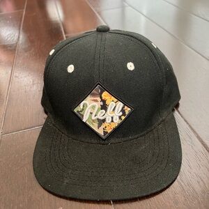 NEFF Black Flat Brim Hat Adjustable SnapBack Baseball Cap Floral Patch EUC